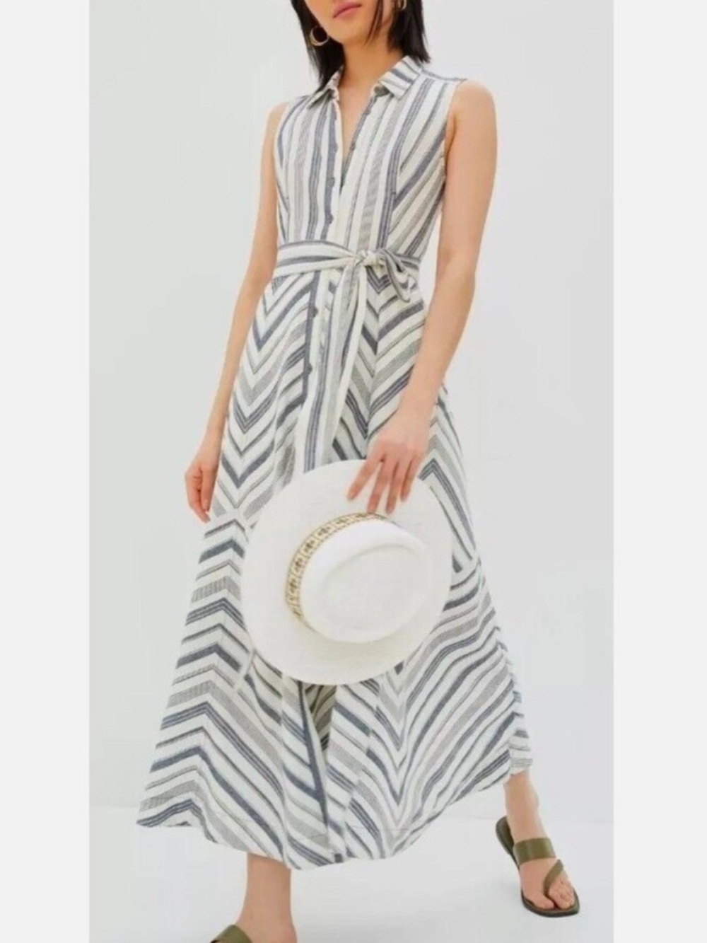 Anthropologie Maeve Coastal Stripe Maxi Dress Shirtdress Linen Belted Size XL P